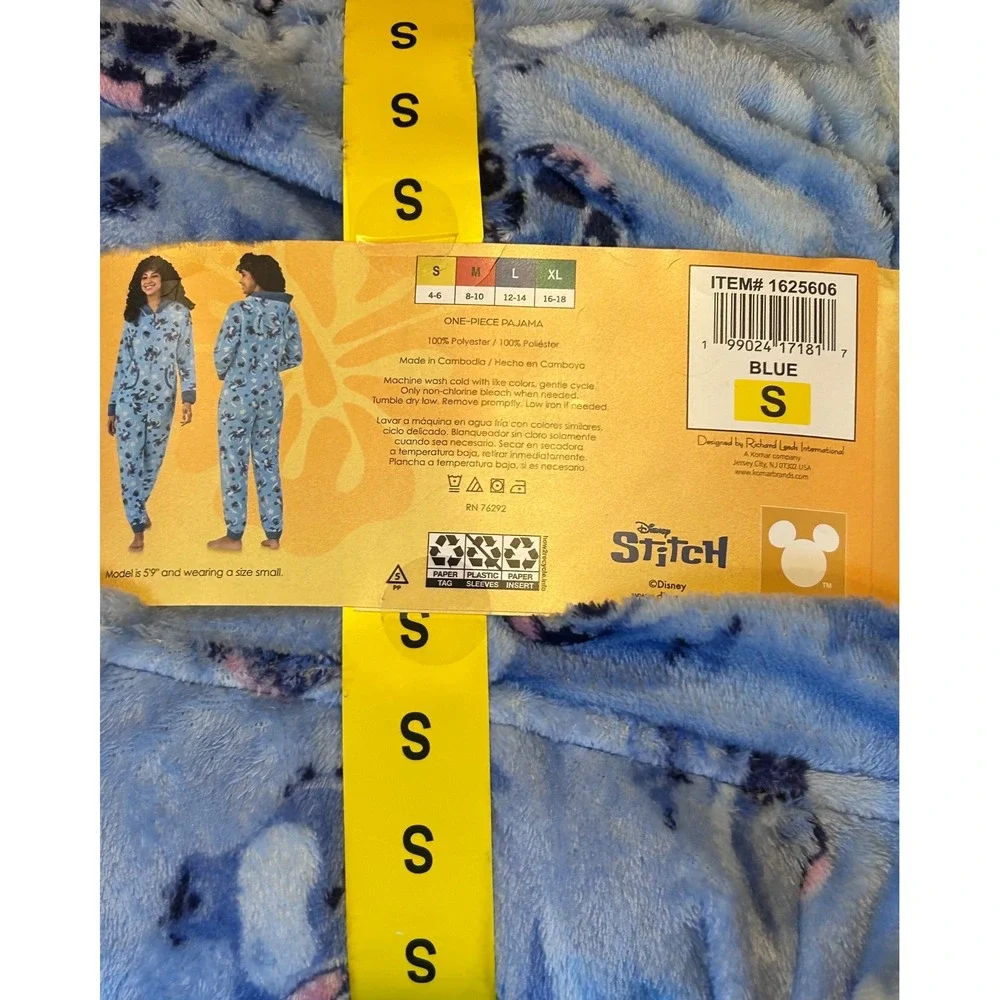 NWT Disney Stitch Womens One Piece Pajama Suit Blue Hooded Fleece Small Ohana - Picture 4 of 5